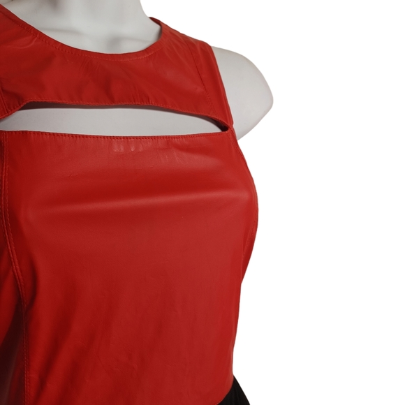 BETTER BE Red Faux Leather Cut Out Sleeveless High Low Mesh Midi Dress Small - Picture 8 of 9